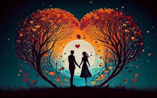 a couple holding hands in front of trees with hearts