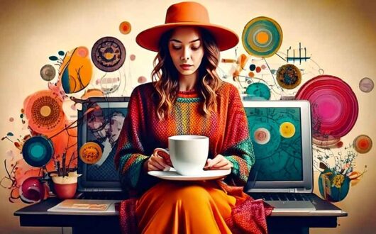 a woman sitting on a chair holding a white cup