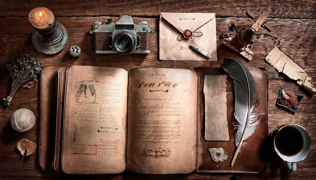 Home 1 Stories & Musings, an open book with a camera and envelopes